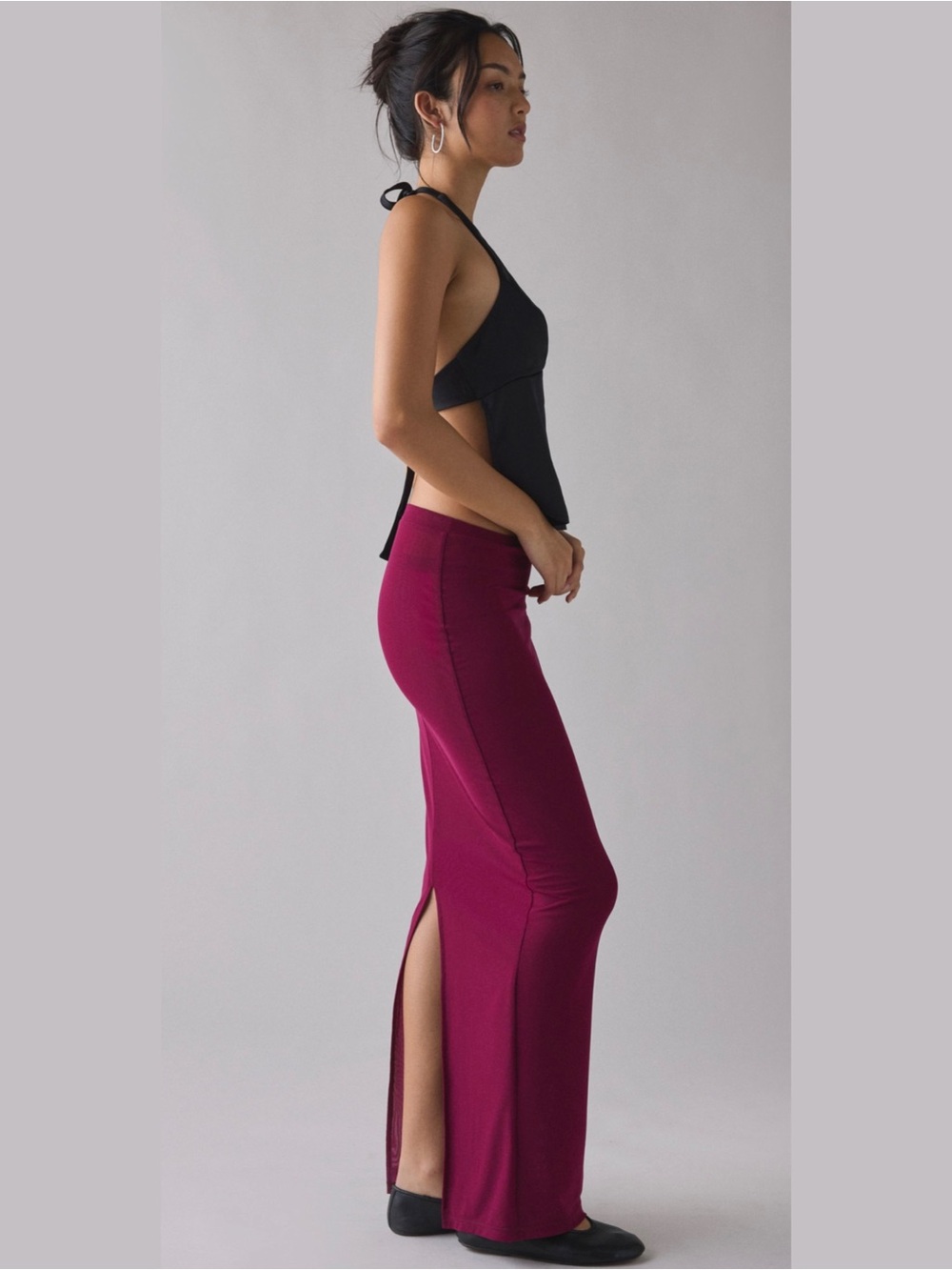 by.DYLN Maddox Semi Sheer Mesh Maxi Skirt Plum Burgundy Slit Size Small - Picture 9 of 11